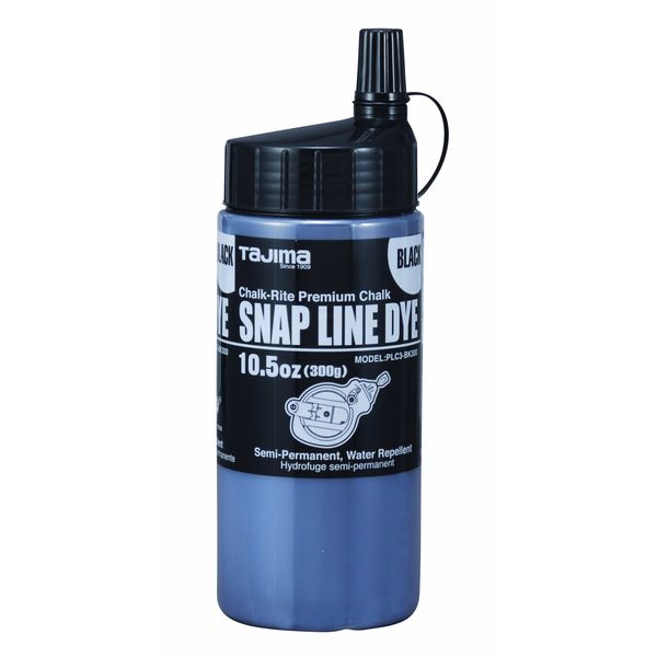 TAJIMA Marking Chalk - Black 10.5 oz (300g) Semi Permanent Snap-Line Dye with Durable Bottle & Easy-Fill Nozzle - PLC3-BK300