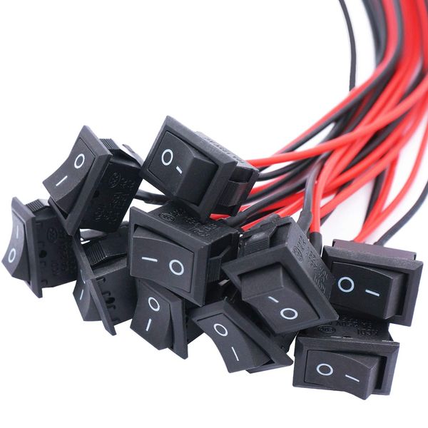 Twidec/10Pcs Rocker Switch AC 6A/250V 10A/125V SPST 2 Pins 2 Position ON/Off Car Boat Square Black Rocker Switch Toggle with Pre-soldered Wires KCD1-X-F