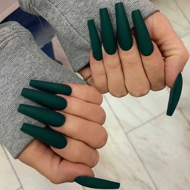 Bufenia Matte Pure Colorful Fake Nails Long Ballerina Press on Nails Coffin Full Cover False Nails for Women and Girls 24Pcs (Dark Green)