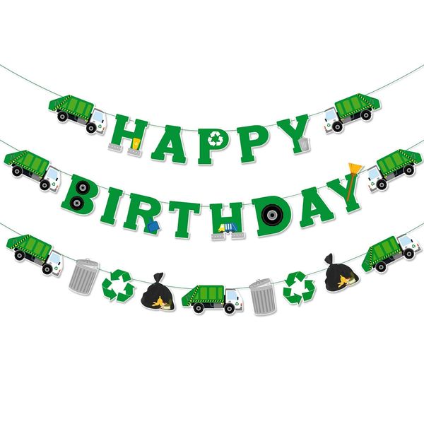 Bessmoso Garbage Truck Birthday Banner Trash Truck Party Supplies Waste Management Recycling Decorations Set of 3