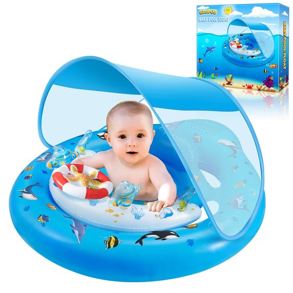 Baby Pool Float with Canopy, Infant Pool Float for 6-24 Months, Baby Swimming Float, Toddler Pool Float with UPF50+ Sun Protection Canopy & Toy Play Console, Adjustable Safety Seat