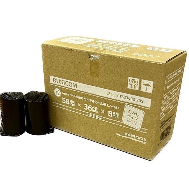 BUSICOM ST583608-20S Thermal Roll Paper (Thermal Register Roll), For Mobile Printers, Receipts, Payment Terminals, 2.3 inches (58 mm) Width: 2.3 x 1.4 x 0.3 inches (58 x 36 x 8 mm), Core Free (20 Rolls)