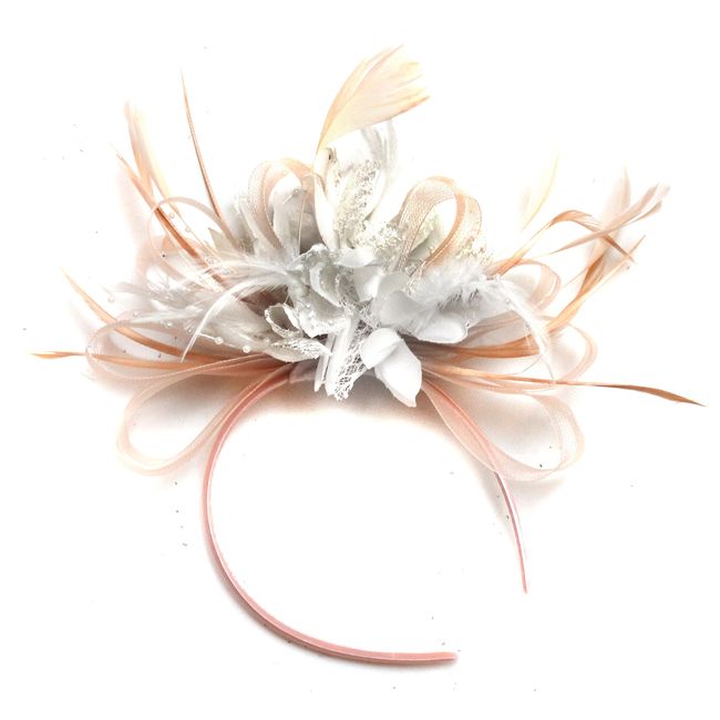 Caprilite Fashion Nude Salmon and White Turquoise Feather Hair Fascinator Headband Wedding Royal Ascot Races Ladies