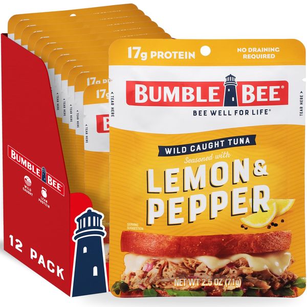 Bumble Bee Lemon & Pepper Seasoned Tuna, 2.5 oz Pouches (Pack of 12) - Ready to Eat - Wild Caught Tuna Pouch - 17g Protein per Serving - Gluten Free