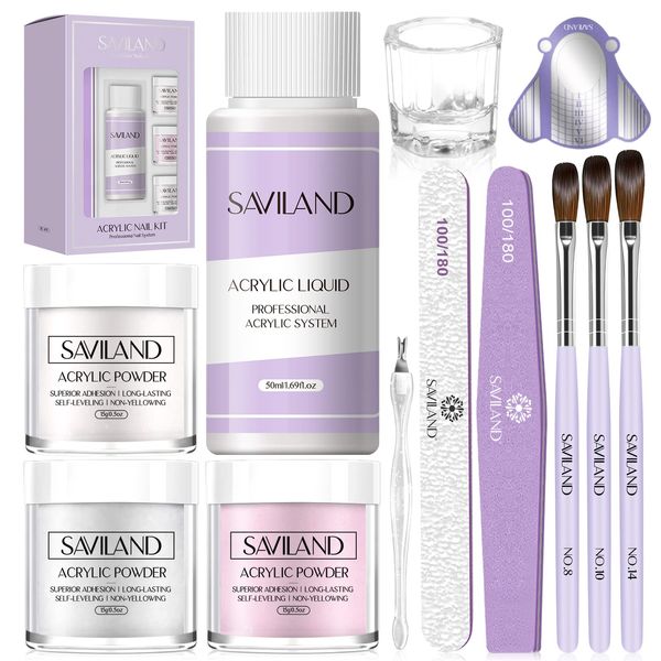 Saviland Acrylic Nail Kit - 45g White Pink Clear Acrylic Powder and Liquid Set with 3 Sizes Acrylic Nail Brush/Nail File/Nail Forms/Dappen Dish for Beginners Nail Extension Carving Acrylic Nail Set