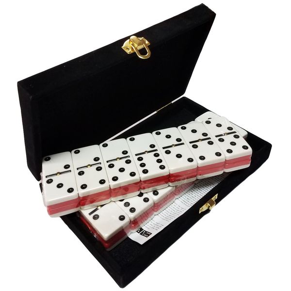 Marion Domino Double Six - Red & White Two Tone Tile Jumbo Tournament Size w/Spinners in Deluxe Velvet Case