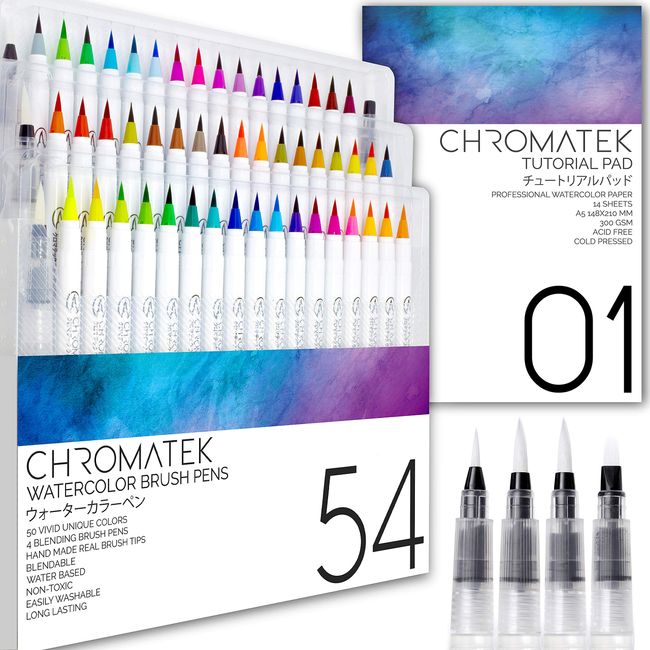 54 Watercolor Pens, 15 Page Pad & Online Video Tutorial Series by Chromatek. Real Brush Pens. 4 Blending Brushes. Easily Blendable. Vivid. Smooth. 50 Unique Colors. Professional Art Supplies