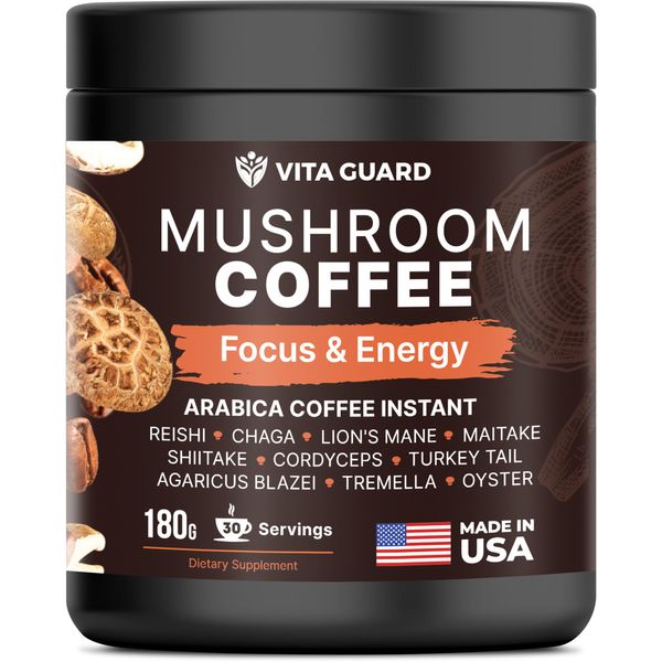 Vita Guard 10 Mushroom Coffee Instant Blend – Lion’s Mane, Cordyceps & Reishi – Premium Arabica with Coconut Powder – Focus, Energy & Immune Support | Cafe de Hongos – Rich & Smooth Adaptogenic Coffee