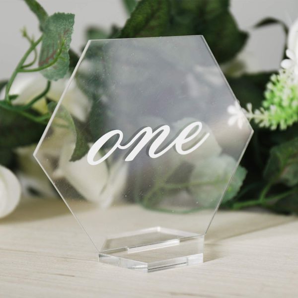 HighFree Clear Acrylic Hexagon Place Cards with Printed Calligraphy Number for Wedding Table, 1-20 Clear Table Numbers Hexagon Place Cards with Stands (Small Size)