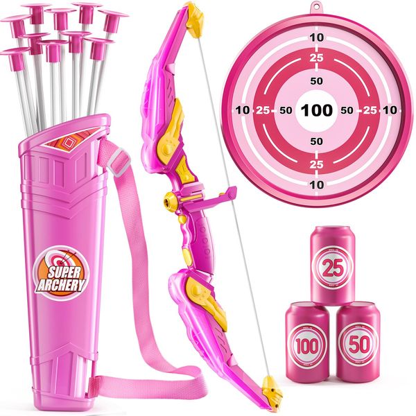 NIPLOOOW Kids Bow and Arrow Set, LED Light Up Archery Toy Set with 10 Suction Cup Arrows,Target & Arrow Quiver, Bow and Arrows Set Toys Gift for 3 4 5 6 7 8 9 10 11 12 Year Old Kids Boys Girls (Pink)