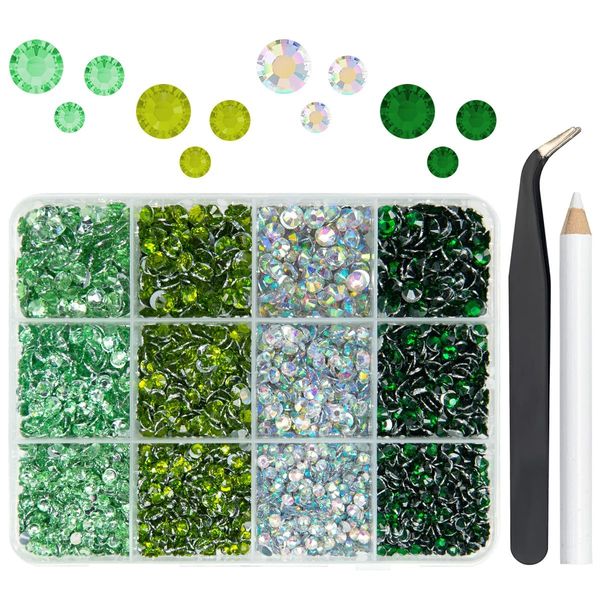 qiipii Resin Rhinestones for Crafting 3mm 4mm 5mm 4 Color Light Green Olive Green Emerald Green AB Flatback Crystal Resin Gems Stones Bulk Crystals Diamonds for Nails Face Makeup Tumblers DIY Crafts