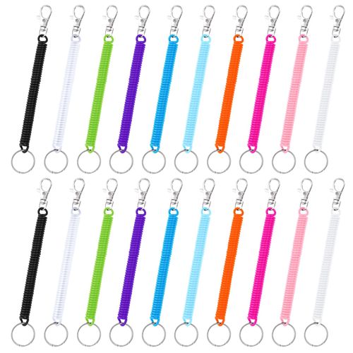 cobee 20pcs Spiral Retractable Spring Coil Keychains, Theftproof Coiled Lanyard with Metal Lobster Clasp Safety Bracelet Stretch Rope for Wallet, Cellphone, Keys, 10 Colors