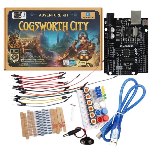 Arduino IDE Compatible STEM Learning Kit - Adventure Kit: Cogsworth City – Complete Beginner Coding and Electronics Course – Includes Hero R3 Board, LEDs, Sensors, Breadboard, and Components