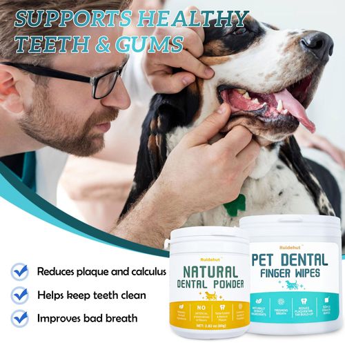 Ruidehut Dog Dental Cleaning Kit - Plaque Removal Wipes & Natural Powder with Probiotics for Teeth, Tartar Control, Fresh Breath and Oral Health