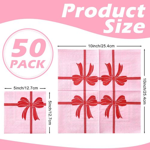 RUSPEPA 50 Pcs Pink Bow Napkin Paper, 3 Ply Disposable Red Bow Ribbons Deisgn Cocktail Dinner Paper Napkins for Wedding, Bridal Shower, Valentine's Day, Tea Party, Garden Party, Birthday, 5 x 5 Inch