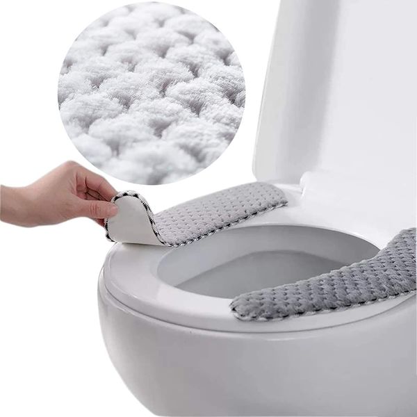 2Pairs Plush Warm Thick Padded Toilet Seat Cover Mat Non Slip Soft Toilet Seat Cushion Washable Bathroom Warmer with Self-Adhesive Tape