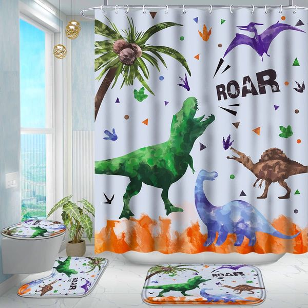 Poedist Shower Curtain Set with Rugs,Kid's Bathroom Accessory Set, Including Non-Slip Rugs,Toilet Lid Cover and Bath Mat, Waterproof Shower Curtain with 12 Hooks,Dinosaur Footprints