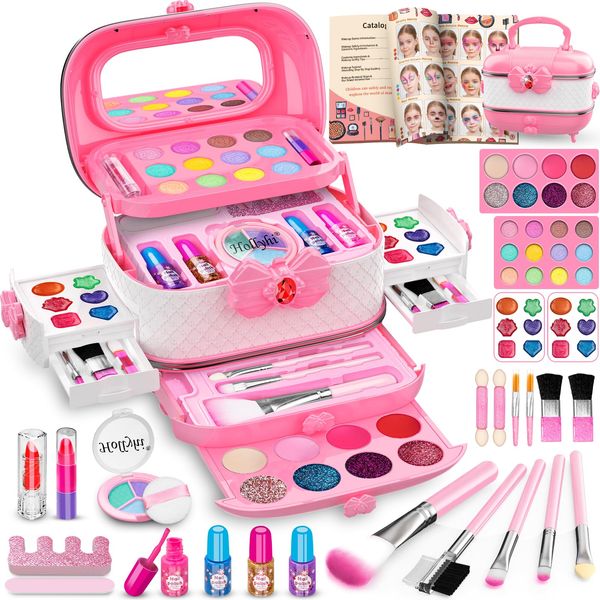 Hollyhi 58 Pcs Kids Makeup Kit for Girl, Princess Toys Real Washable Cosmetic Set with Mirror, Kids Makeup Sets for Girls, Play Make Up Birthday Gifts for 3 4 5 6 7 8 9 10 11 12 Years Old Kid (Pink)