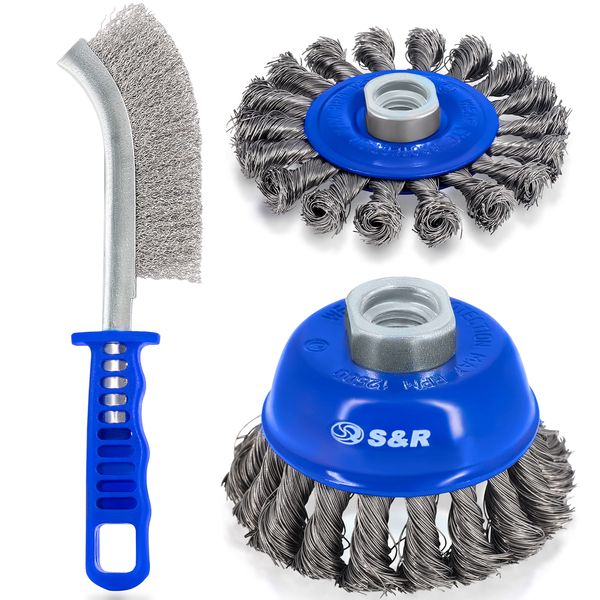 S&R Wire Brush Set 3-Piece 1 Piece Cup brush 75 mm, 1 piece. Round brush 100 mm, with twisted steel bristles, for Angle grinder, incl. Pack of 1. Scratching brush 255 mm.