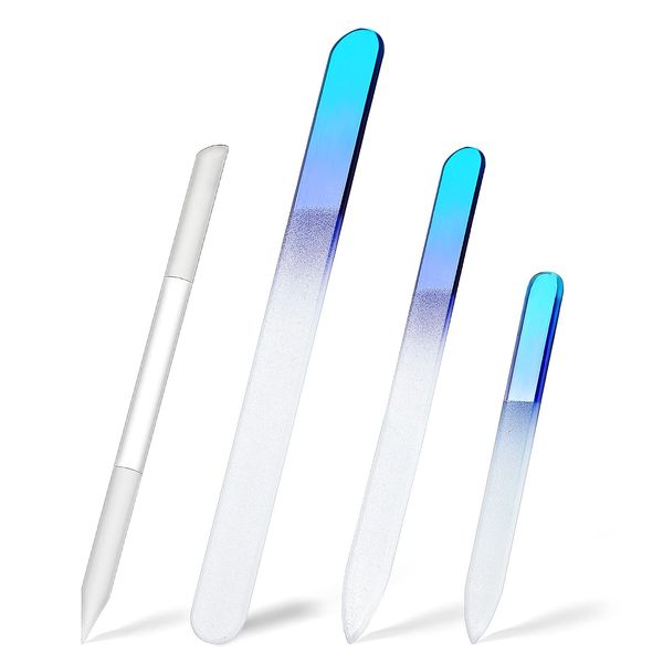 4 Pcs Glass Nail File Set Fingernail Files and Cuticle Pusher Double Sided Crystal Nail Files for Natural Nail Manicure Pedicure Nail Buffer Cuticle Trimmer Foot Callus Remover (Gradient Blue)