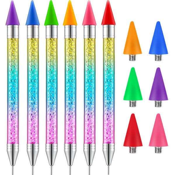 Tatuo 6 Pcs Rhinestone Picker Dotting Pens with 6 Pcs Replacement Wax Tips Dual Ended Wax Pencil for Diamond Painting Gem Pickup Pen Nail Art DIY Decoration Tool Acrylic Handle with Crystal Beads