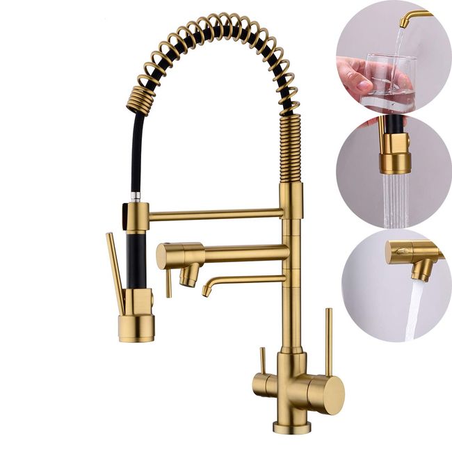 Delle Rosa Kitchen Faucet, 3 Way Drinking Water Faucet, 3 in 1 Water Purifier Faucets, High Arc and Dual Handles Commercial Kitchen Faucet Brushed Gold