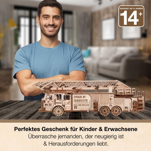 3D Wooden Puzzle - DIY 3D Puzzle Wooden Fire Truck Mechanical Model Kit with Wind Up Mechanism, Adjustable Ladder & More - 3D Puzzles for 15 yrs Above & Adults - Eco Wood Art, 439 Pieces