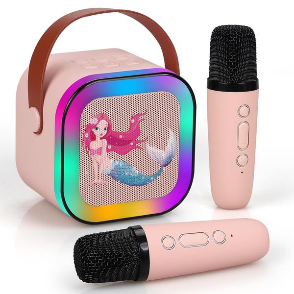 UNIH Mini Bluetooth Karaoke Machine for Kids, Portable Karaoke Speaker with 2 Wireless Mics, Toys for Girls Boy Ages 4, 5, 6, 7, 8, 9, 10, 12 +Year Old Festival Birthday Party（Pink