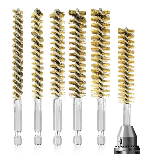 Aster Bore Brush Set, 6 Pieces Stainless Steel Bore Brush Bristles wire brush for drill Washing Polishing Tools with 1/4 inch Hex Shank Handle for Cleaning Rust, Auto, Corrosion, Tubes Holes(Copper)