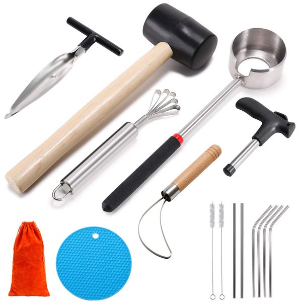 Coconut Opener Tool Set, Safe & Easy to Open Young & Mature Coconuts Tool, Food Grade Stainless Steel Coco Nut Opener Kit with Rubber Mallet Meat Removal, Scraper, Straw & Silicone Mat, ALL IN ONE Bag