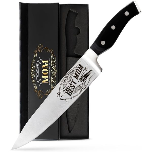 CUTLINX Birthday Gift BEST MOM - Premium Chef Knife Gift - 8 in. Stainless Carbon Steel Kitchen Knive w/Pakka Wood Handle - Mother's Day, Christmas, Anniversary, Housewarming, Holiday Gifts