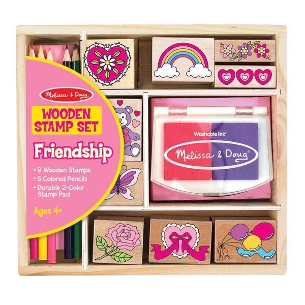 Melissa & Doug Wooden Stamp Set: Friendship - 9 Stamps, 5 Colored Pencils, and 2-Color Stamp Pad