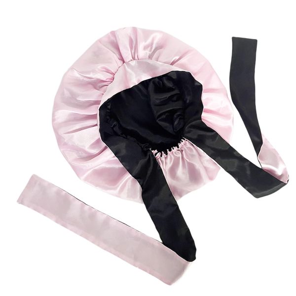 Satin Bonnet Silk Hair Wrap for Sleeping Night Sleep Caps with Wide Elastic Band Soft Head Cover Sleeping Hat for Women and Girls Curly Hair Djustable Double-Sided Sleep Bonnet (Black and Pink)