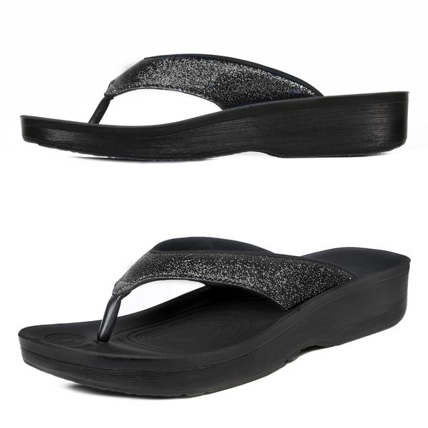 AEROTHOTIC Womens Slip On Lightweight Plantar Fasciitis Orthotic Flip Flops Comfortable Walking Outdoor Beach Ladies Arch Support Summer Thong Sandals (Crystal Black, Size 8)