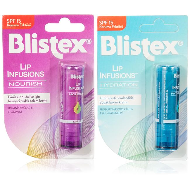 Blistex Lip Infusions Hydration Uzun Süreli Nemlendirici Dudak Bakım Kremi + Blistex Lip Infusions Nourish SPF 15 Güneş Koruyucu Besleyici Dudak Bakım Kremi