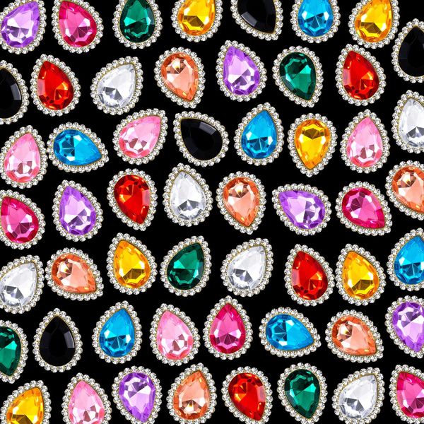 HINZIC 60Pcs Sew On Rhinestone Tear Drop Colorful Crystal Glass Rhinestone Metal Flatback Embellishment DIY Crafts Gems for Costume Dress Wedding Crafting