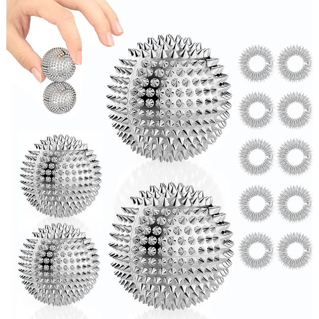 4 Skills Igelball Massage + 10 Akupressur Ring Finger - Akupressur Ball Metal Klein 32mm 47mm - Skills ring akupressurringe - Skills Borderline Set Igelbälle Massageringe für Stress Relief (Silber)