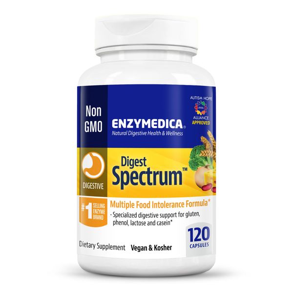Enzymedica Digest Spectrum, Digestive Enzymes for Multiple Food Intolerances, Offers Fast-Acting Gas & Bloating Relief, 120 Capsules FFP