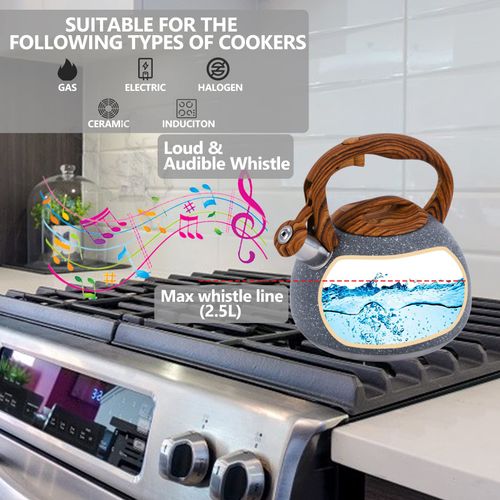 Foedo Tea Kettle, 3.2 Quart Whistling Tea Kettle Stovetop, Tea Pots for Stove Top Food Grade Stainless Steel with Wood Pattern Handle, Grey Teapot