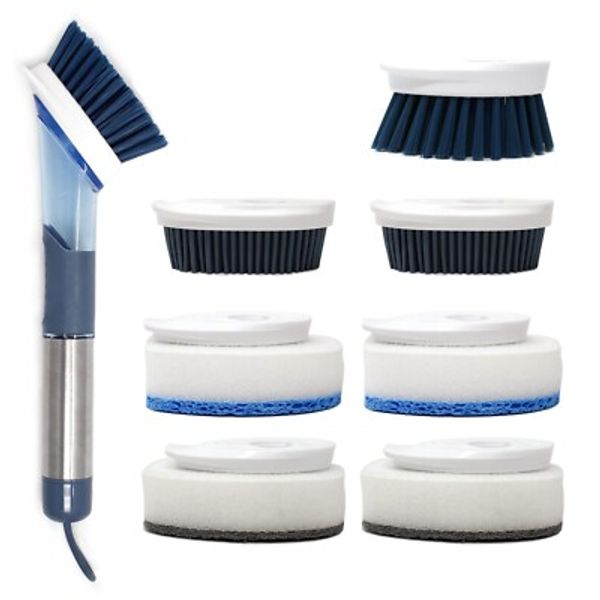 Soap Dispensing Dish Cleaning Brush with 4 Brush Head & Refill