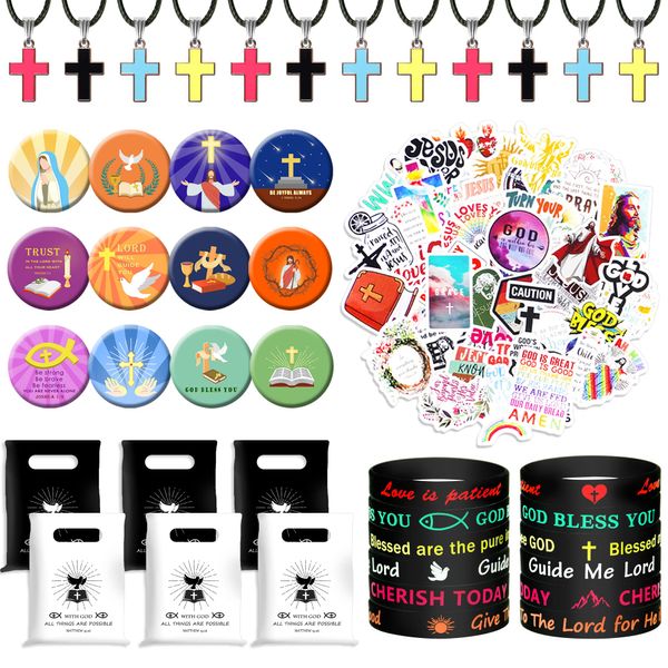 BANBALLON 98 PCS Bible Verse Party Favors, Jesus Party Favors Cross Necklace Goodie Bags with Stickers, Rubber Bracelets, Button Pins and Bags for Christian Gathering Party Supplies Decorations