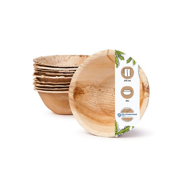 BIOZOYG Palmware - Environmentally Disposable Tableware Made Out of Palm Leaves I 25 Pieces Palm Leaf Bowls 275ml Ø13,5cm Round I Disposable Salad Bowl - Dip Soup Bowl - Serving Bowls - Snack Trays