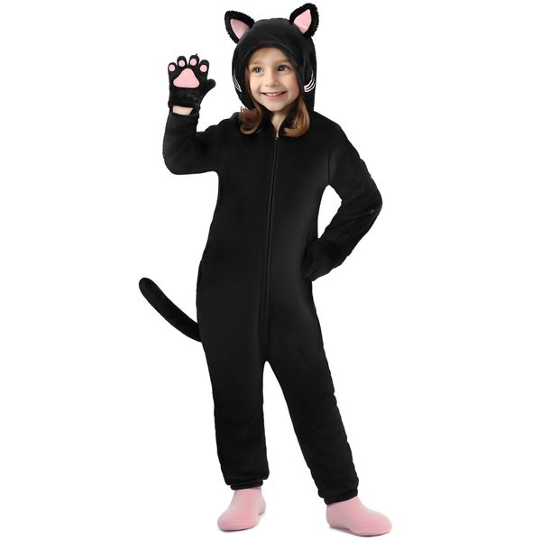 GIFTINBOX Cat Costume For Girls, Cat Noir Costume, Zip-Up Hooded Onesie Black Cat Costume for Kids Dress Up, Role Play Halloween Costumes for Kids Girls 5 6 7 8 9 10 11