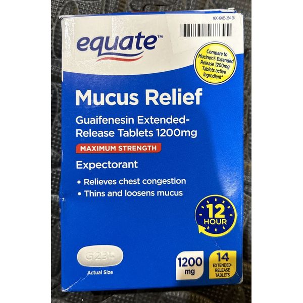 Equate Mucus Relief Guaifenesin Release Tablets 1200 mg Expectorant Max 14 Ct