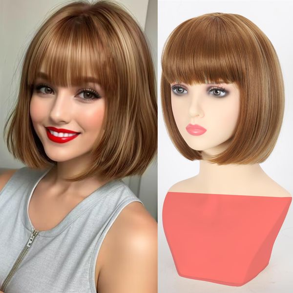 AliRobam Bob Wig with Bangs Short Straight Bob Wigs for Women Short Length Heat Resistant Synthetic bob Wigs for Daily Party Halloween Cosplay (27/613)