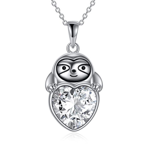 Sterling Silver Sloth Pendant Necklace Hug Heart Cubic Zirconia Animal Jewelry for Women Girls