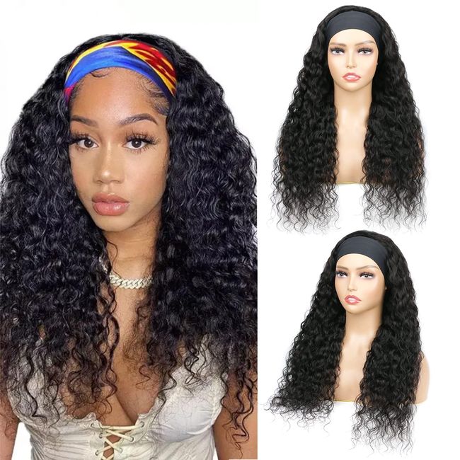 Hiyorlik Water Wave Wig Human Hair Headband Wigs For Black Women 16 Inch Remy Wet Wand Wavy Full Machine Made Wigs With Velcro Snapping Rose Net Virgin Hair Clearance 150 Density
