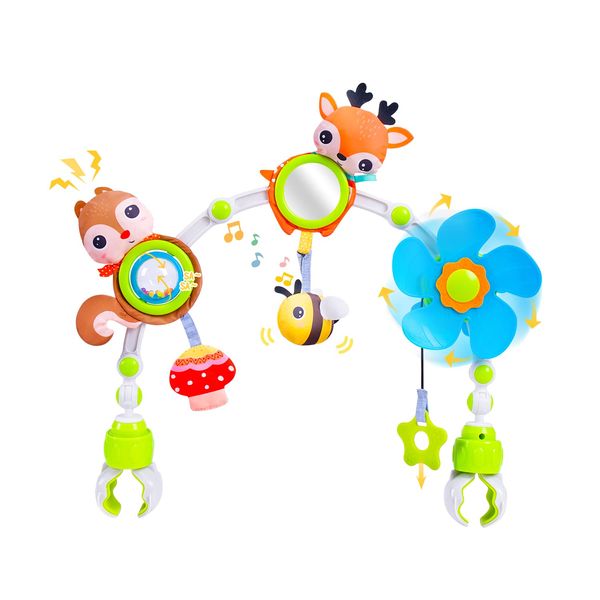 Koty Baby Stroller Arch Toy with Teether, Rattle, Crinkle Sound, Mirror & Music Box, Newborns Sensory Activity Carrier Take-Along Toy, Adjustable for Bouncers, Car Seat & Pram 0M+(Deer)