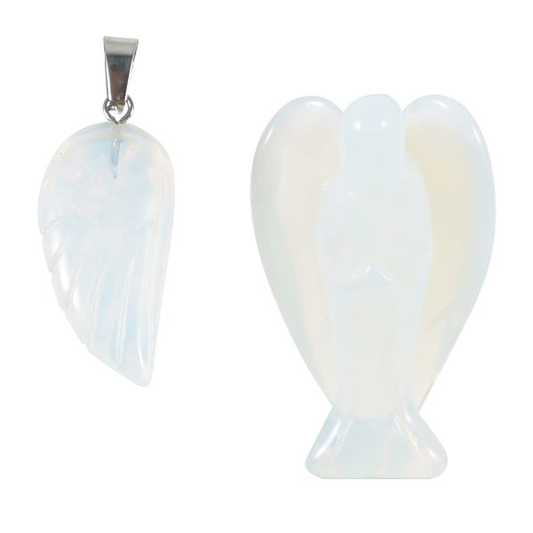 Soulnioi 2" Natural Healing Crystal Gem Statue Guardian Angel Figurine for Home Room Decoration Ornament, and 1pc Angel Wings Crystal Carved Necklace Pendant (30 * 15mm) - Opal