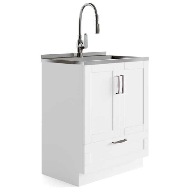 SIMPLIHOME Reed Transitional 28 Inch Deluxe Laundry Cabinet with Pull-out Faucet and Stainless Steel Sink in White, For the Laundry Room and Utility Room